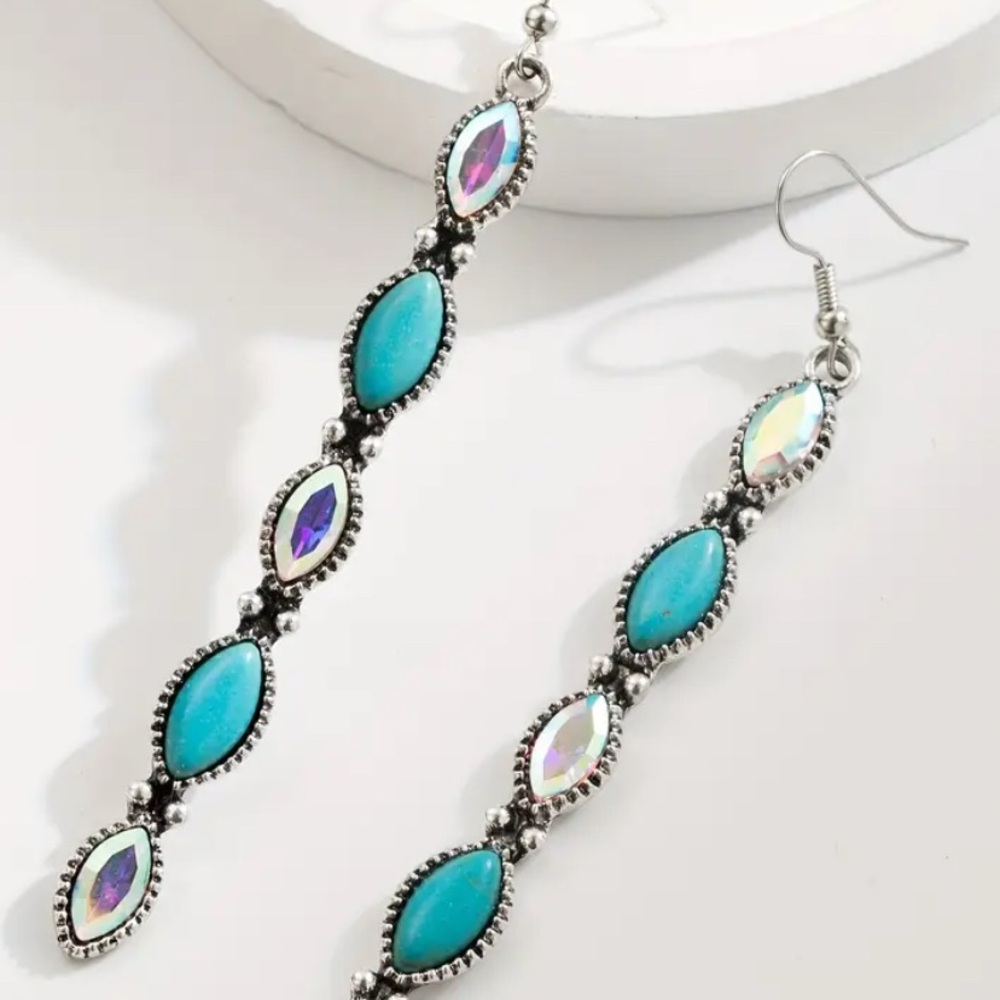 Silver Drop Earrings with Turquoise and Iridescent Accents - Women's Jewelry